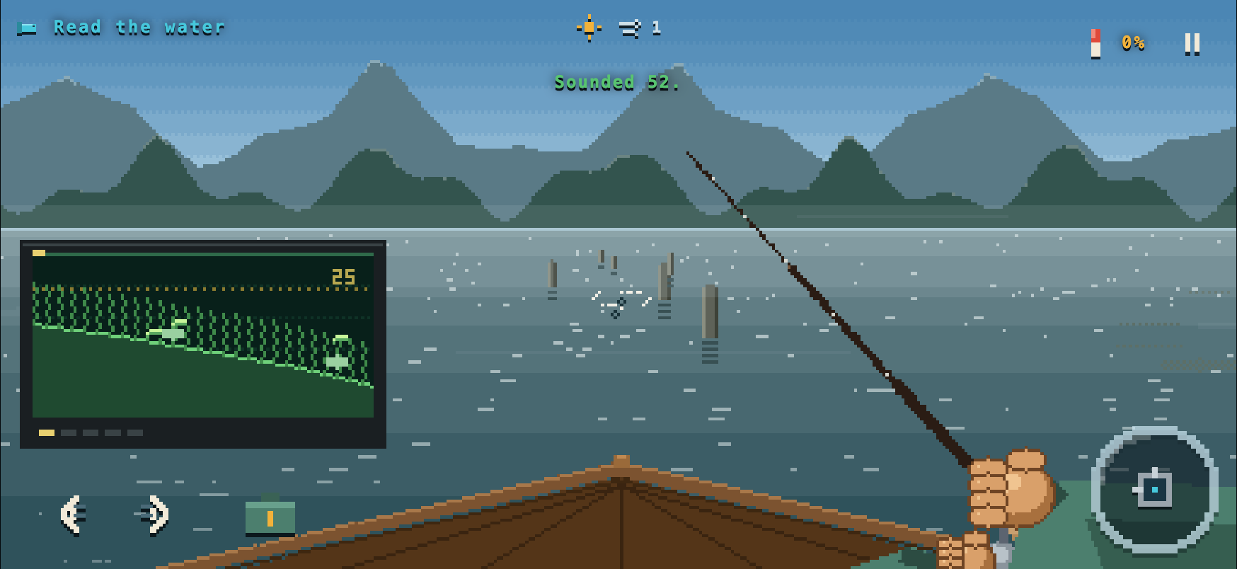 First-person view from the fishing boat at Loch Varr, with a fish-finder, rod and mountains across the water.