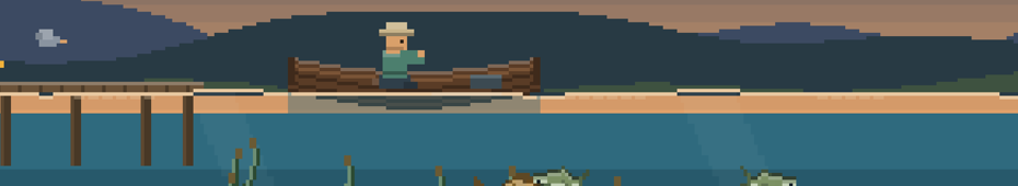 The game's harbour at dusk: an angler in a rowboat beside a wooden pier, with fish in the shallows below.